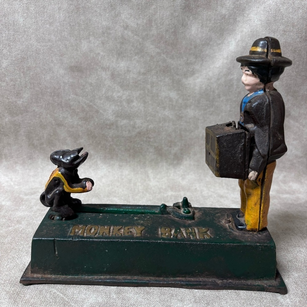 MONKEY BANK CAST IRON STEEL COIN MECHANICAL BANK CHIMP APE PENNY NICKEL